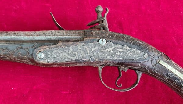 A decorative silver inlaid Balkan Flintlock pistol. C. 1800, FOR SALE. Needs restoration. Ref 3908.